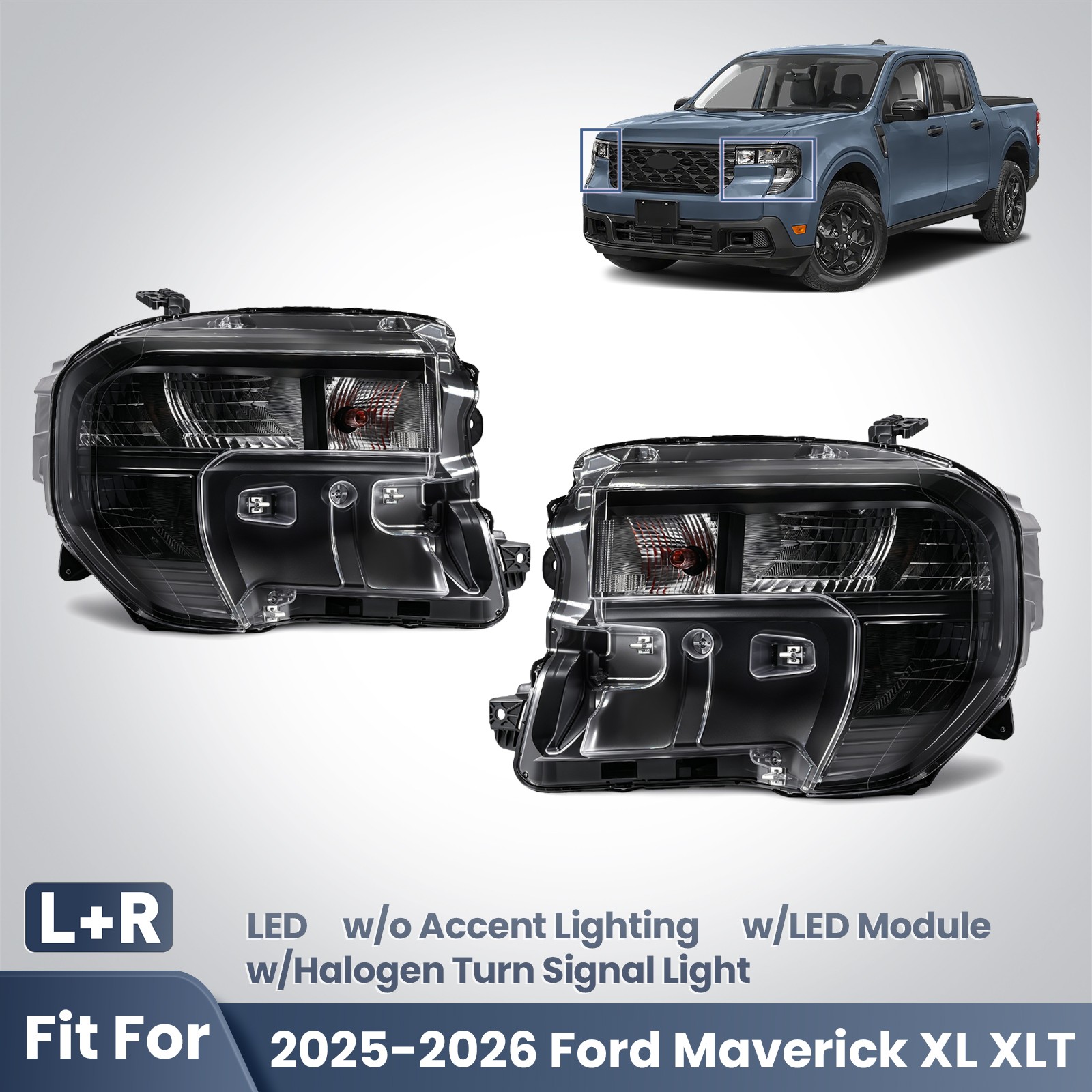 For 2025-2026 Ford Maverick XL XLT LED Reflector Headlights w/Module Left+Right