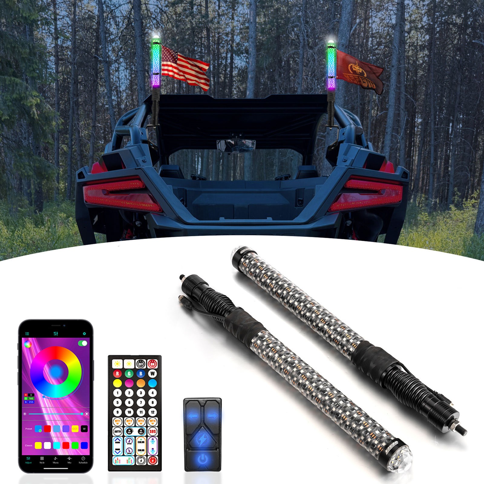 2x 2FT Fat RGB Whip Lights w/chasing turn signal brake reverse light For Polaris