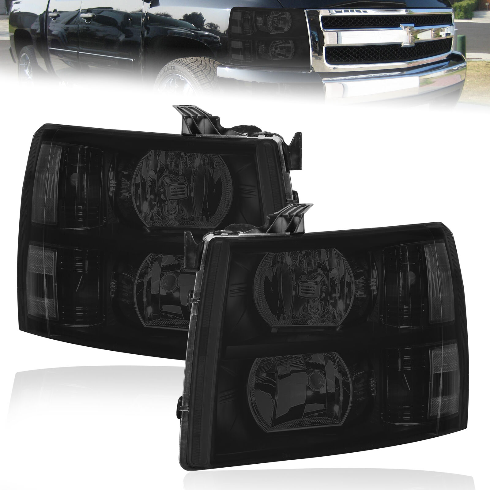 2X Smoke Lens Headlights Headlamps For 2007-2013 Chevy Silverado 1500 2500 3500