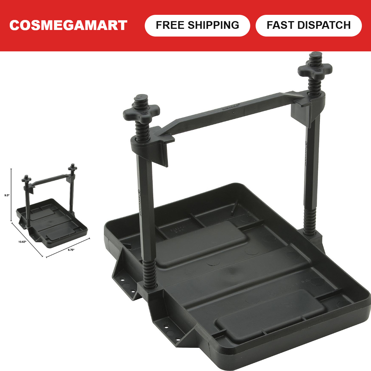 Heavy-Duty Adjustable Battery Tray - All-Plastic, Rust-Proof, Fits Group 24 Batt Heavy-Duty Adjustable Battery Tray - All-Plastic, Rust-Proof, Fits Group 24 Batt