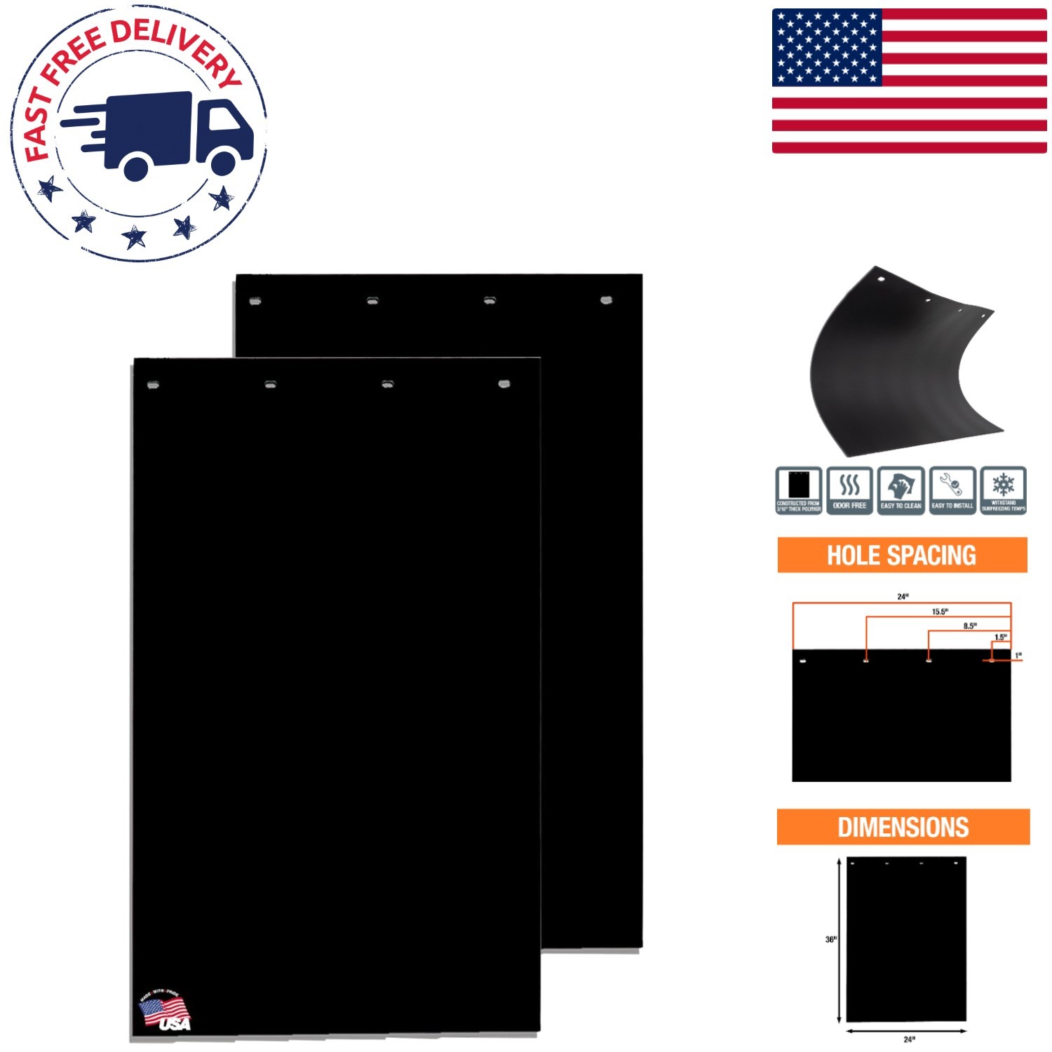 RC36PPB Black Polymer Mud Flaps, 24x36 Inch, Durable & Cold Weather Resistant