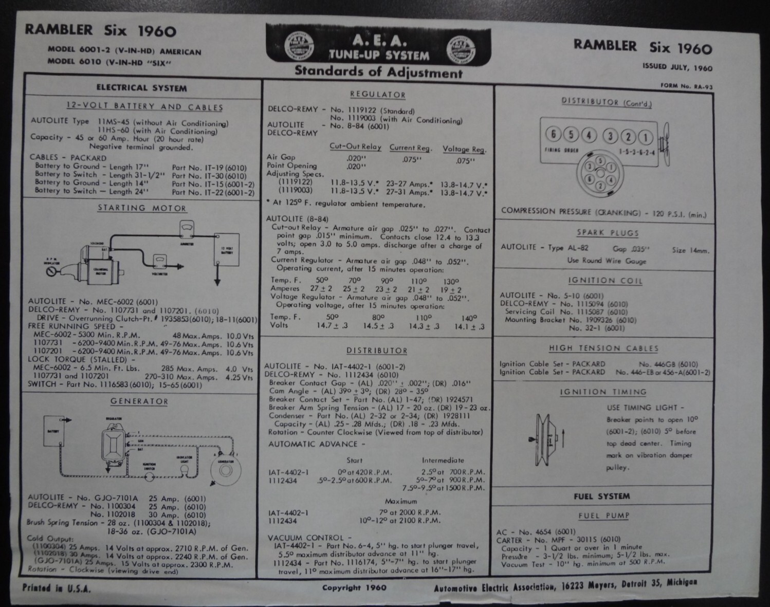 Vintage A.E.A. Tune Up System Charts Rambler Six 1960 Vintage A.E.A. Tune Up System Charts Rambler Six 1960