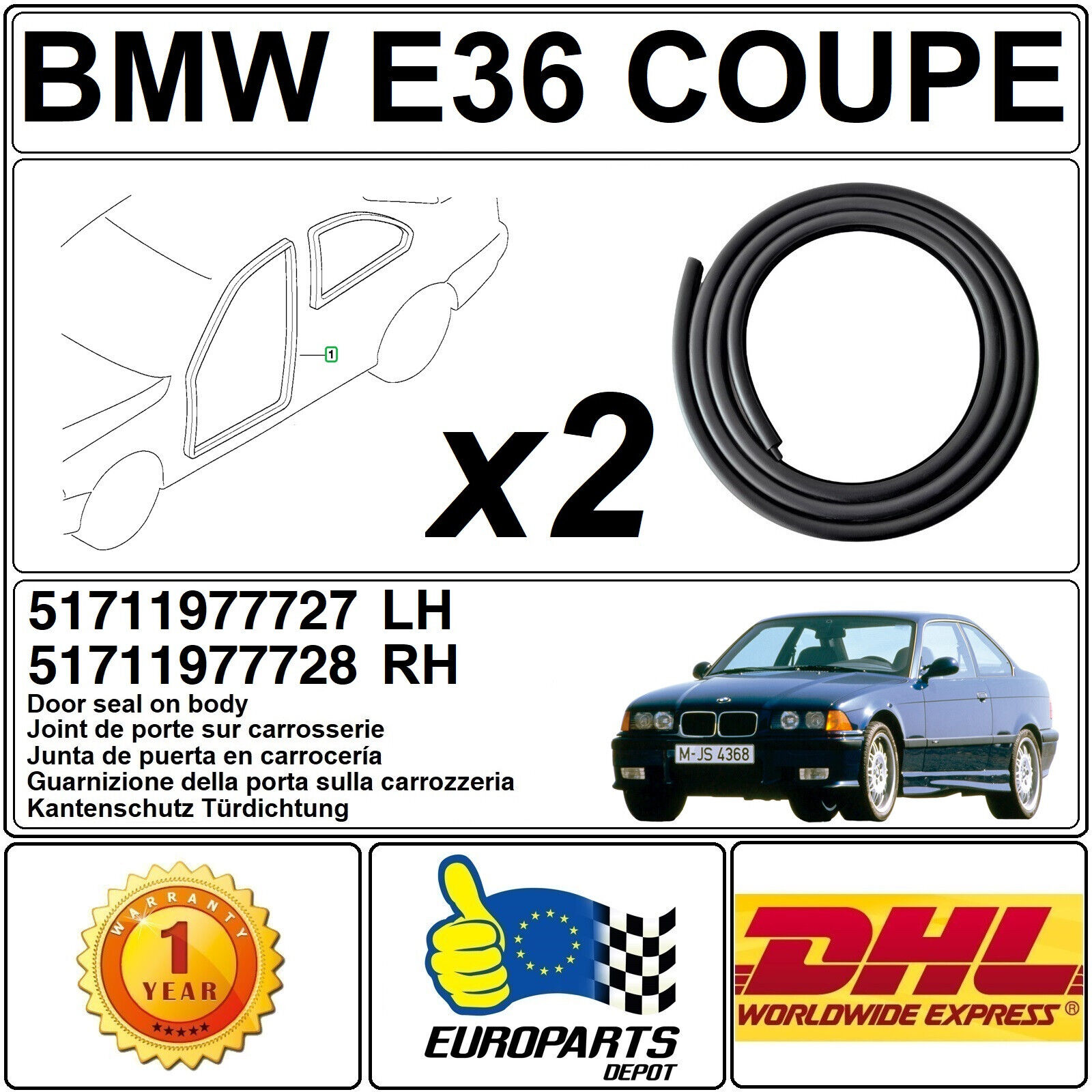 BMW E36 Coupe 3 Series Coupe Weatherstrip Kit Door Seals 2 pcs
