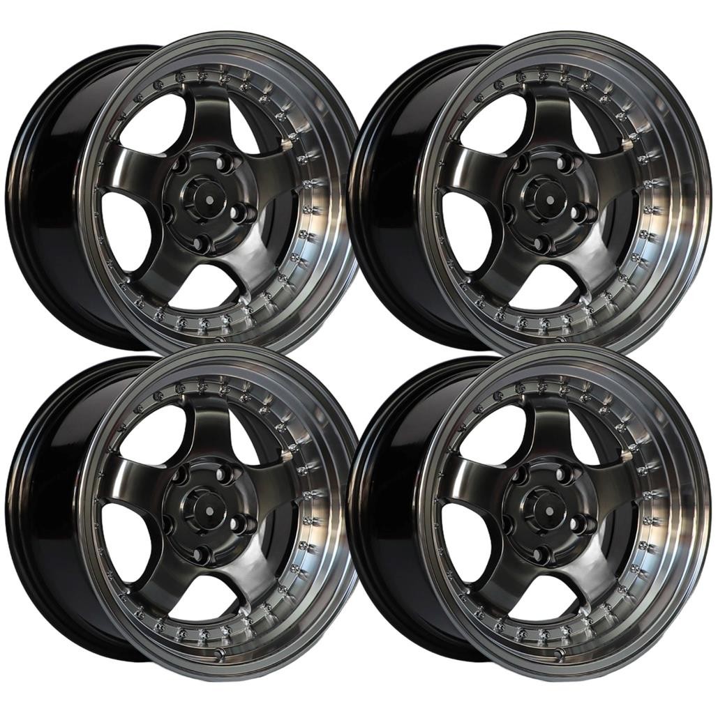 (Set-4) IPW W009 15x8 4x4.5/4x114.3 Hyper Black 15mm Wheels Rims 15 Inch