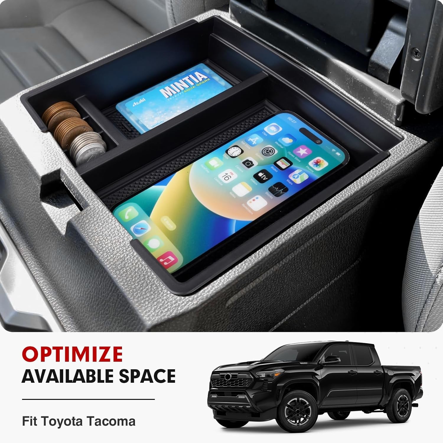 For 2024-2026 Toyota Tacoma Accessories Armrest Storage Tray Organizer Box Black