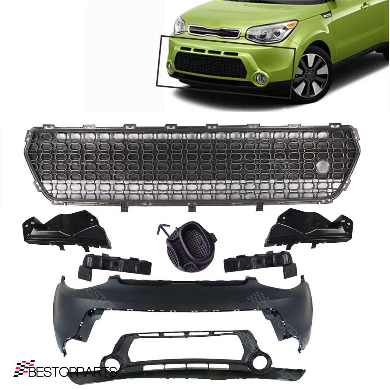 For Kia Soul 2014-16 Front Bumper Cover/Lower Grille W/Towing Cover Bracket 8Pcs