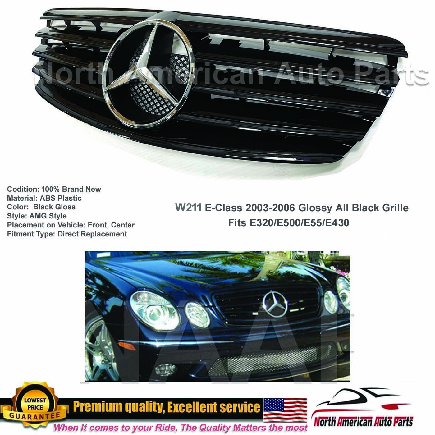E55 E63 Grille E-Class All Black With Star E320 E500 2003 2004 2005 2006