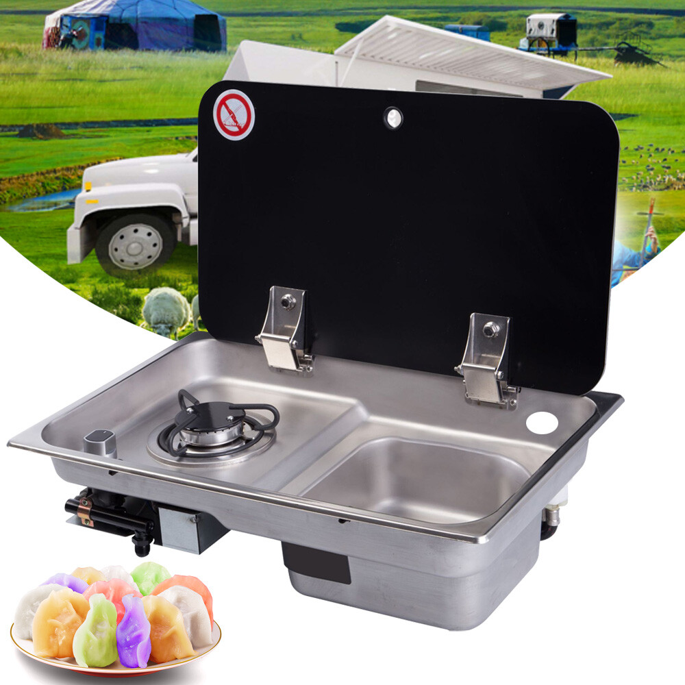 Caravan Camper Burner Gas Stove And Sink Combo With Glass Lid Black NEW
