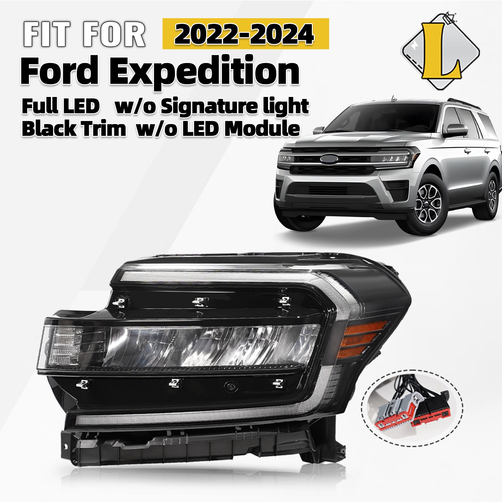 For 2022 2023 2024 Ford Expedition Full LED Headlight w/o LED DRL Black Driver