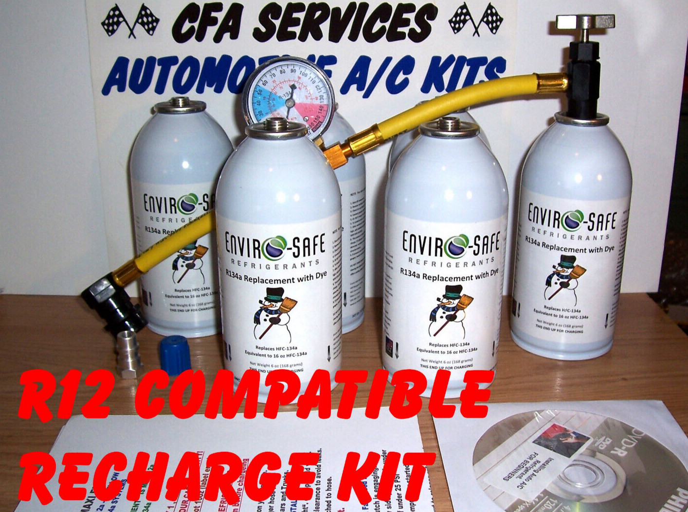 1995-OLDER R12 CAR/ A/C REPLACEMENT KIT/6 Cans ENVIROSAFE REFRIGERANT +GAUGE+DVD