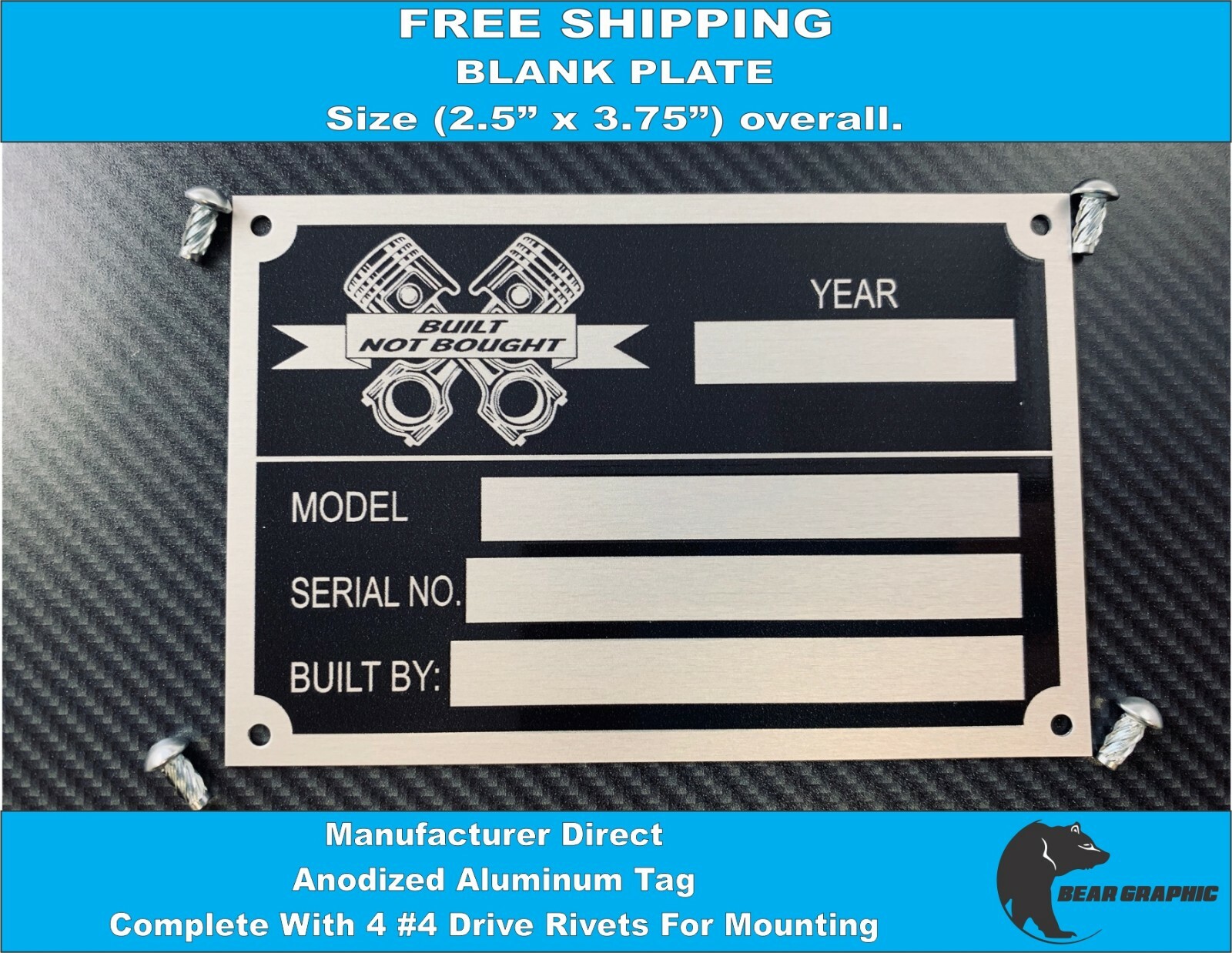 Built Not Bought Plate BLANK ID PLATE Serial Custom Anodized Aluminum Data Tag 