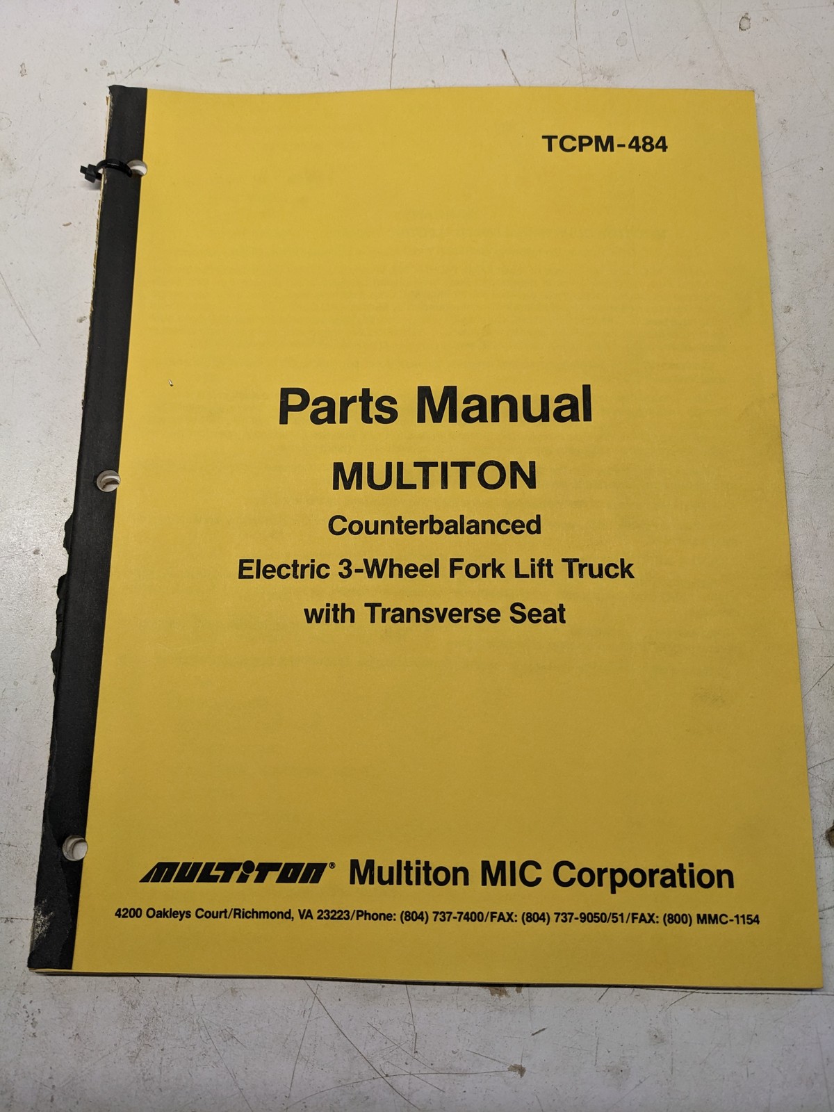 MULTITON FORK LIFT TRUCK PARTS LIST MANUAL BOOK 3 WHEEL ELECTRIC TCPM-484 1991