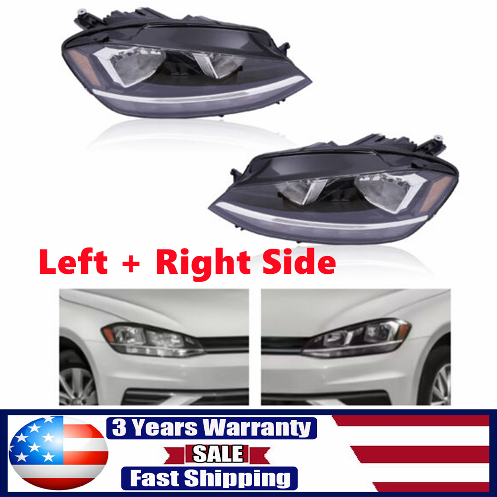 For 2018-2020 Volkswagen Golf & GTI Halogen Headlights Assembly Left Right Pair