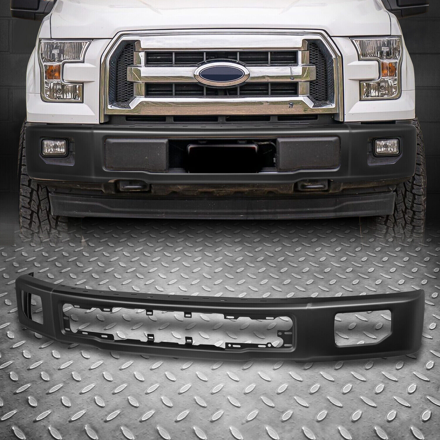 For 15-17 Ford F150 OE Style Black Front Bumper Face Bar w/ Fog Light Holes