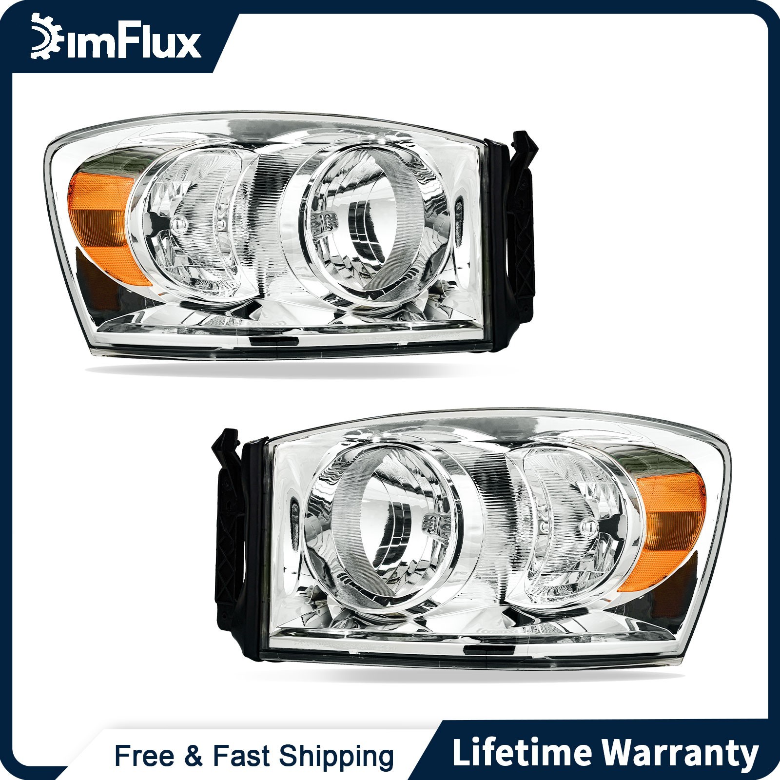 DimFlux Headlights Assembly for 06-08 Dodge Ram 1500 2500 3500 Chrome Housing