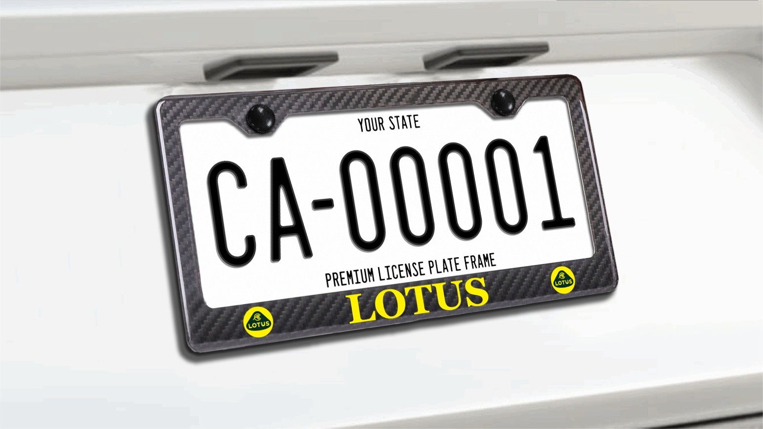 Lotus Yellow Text with New Yel / Blk Lotus Logo's Carbon Fiber license Frame 2H