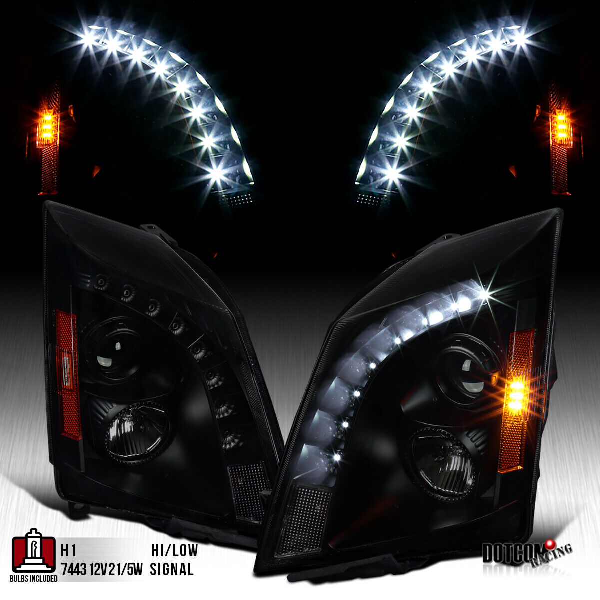 Black Smoke Fit 2008-2014 Cadillac CTS Projector Headlights Lamps w/ LED Strip