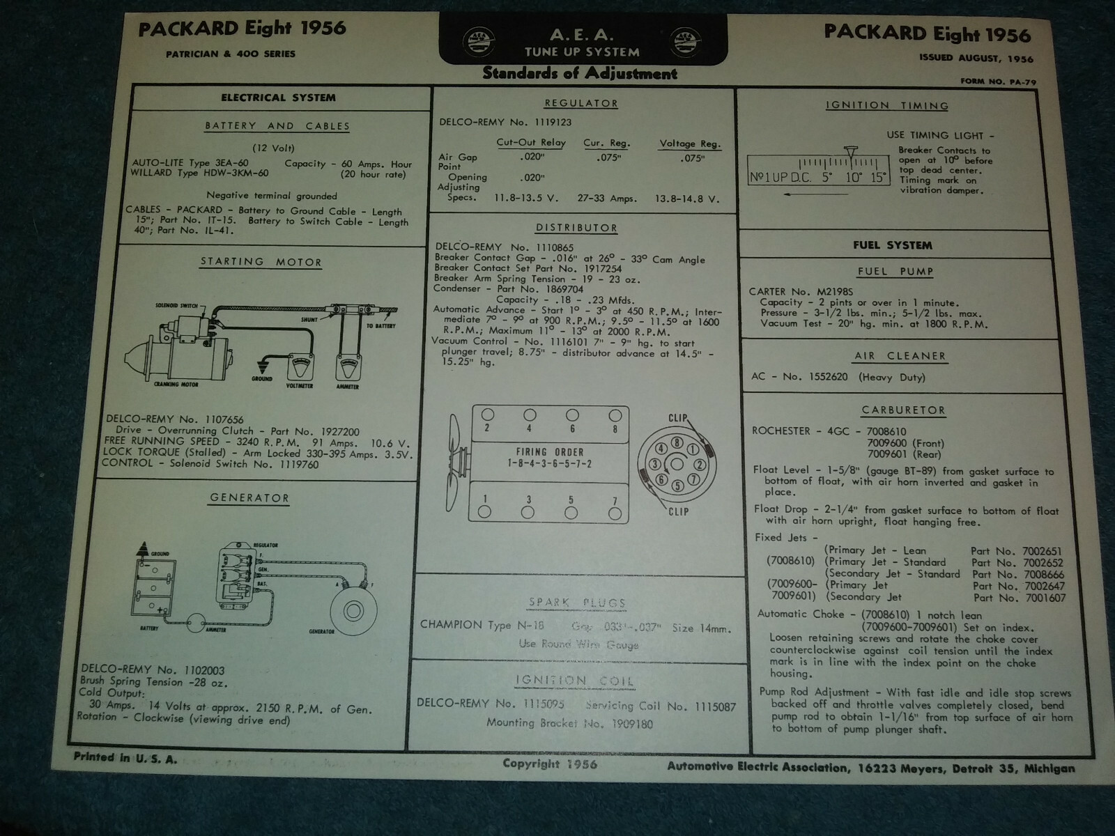 1956 PACKARD 400 & PATRICIAN V-8 A.E.A TUNE-UP CHART / USEFUL VINTAGE ITEM