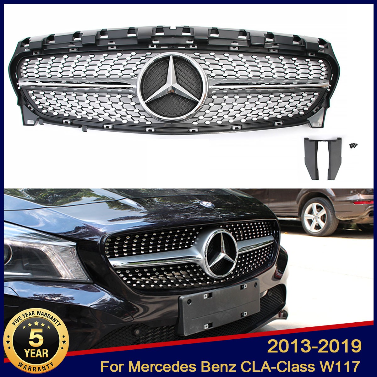 Grill For Mercedes Benz W117 CLA250 CLA45 Grill 2013-2019 Grille W/Emblem Silver