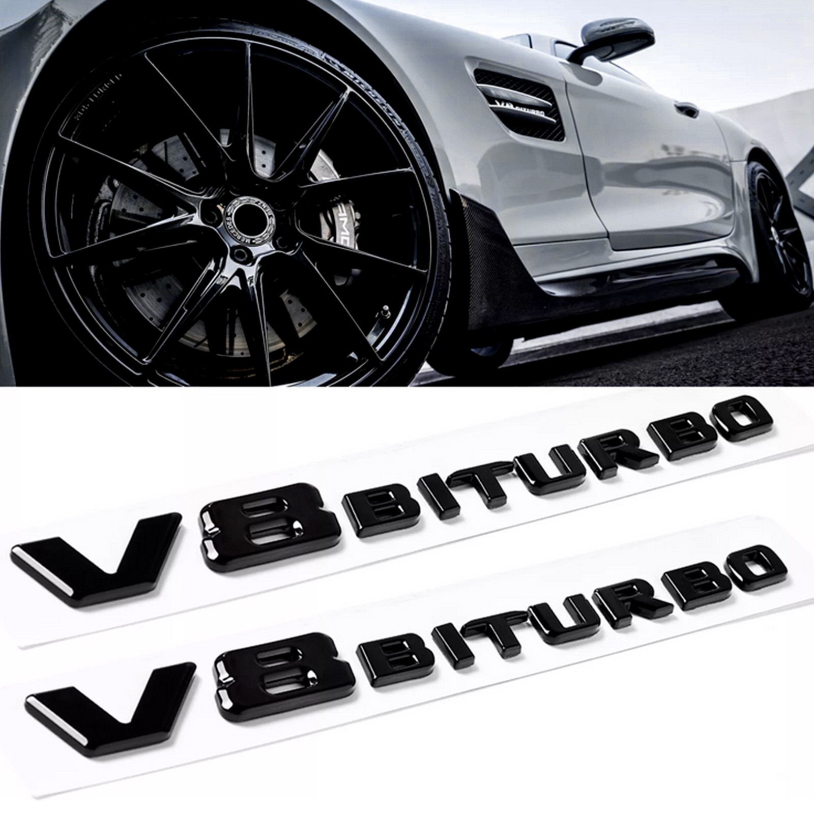 For V8 BITURBO Fender Side AMG Emblem glossy Black Logo Badge C63 E63 G63