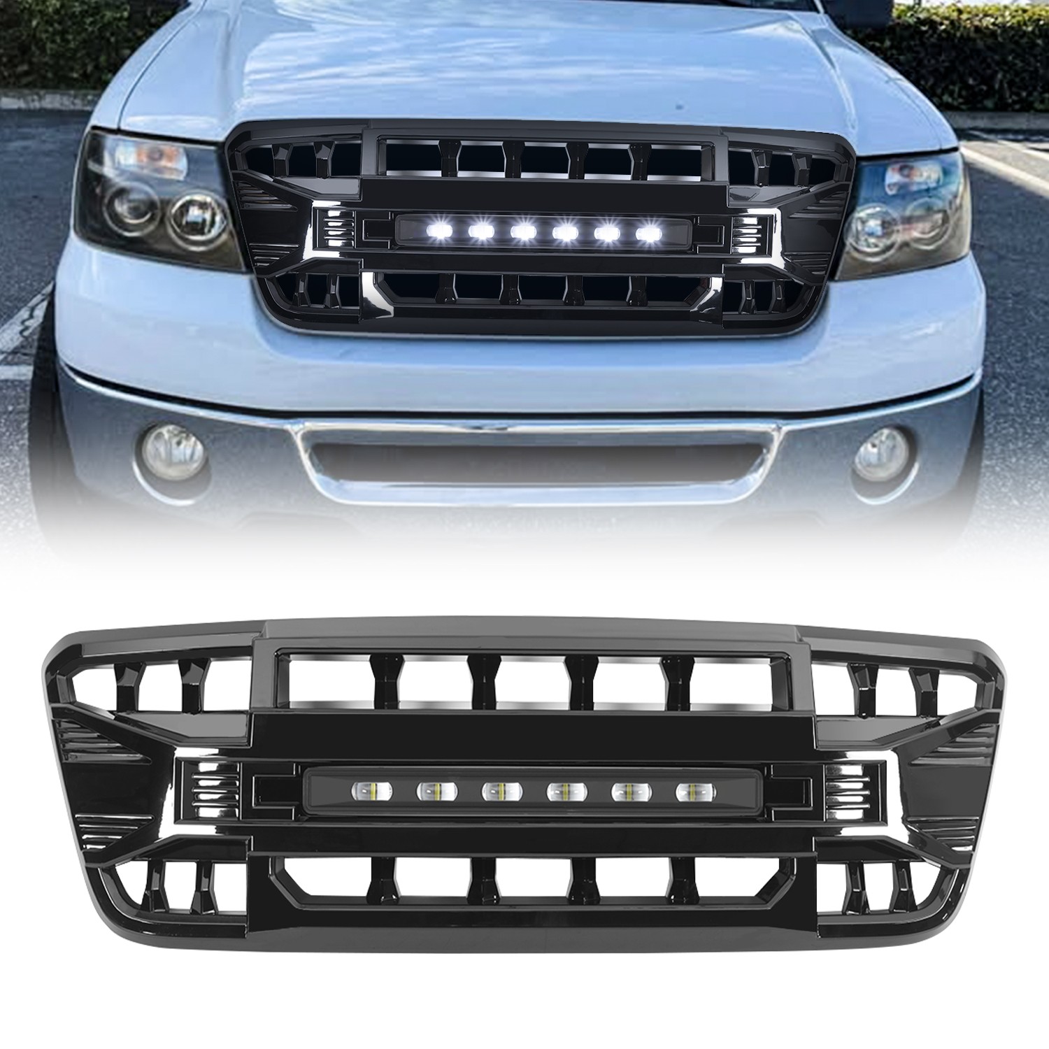 For 2004-2008 Ford F150 Front Armor Grille w/LED Off-Road Lights Glossy Black