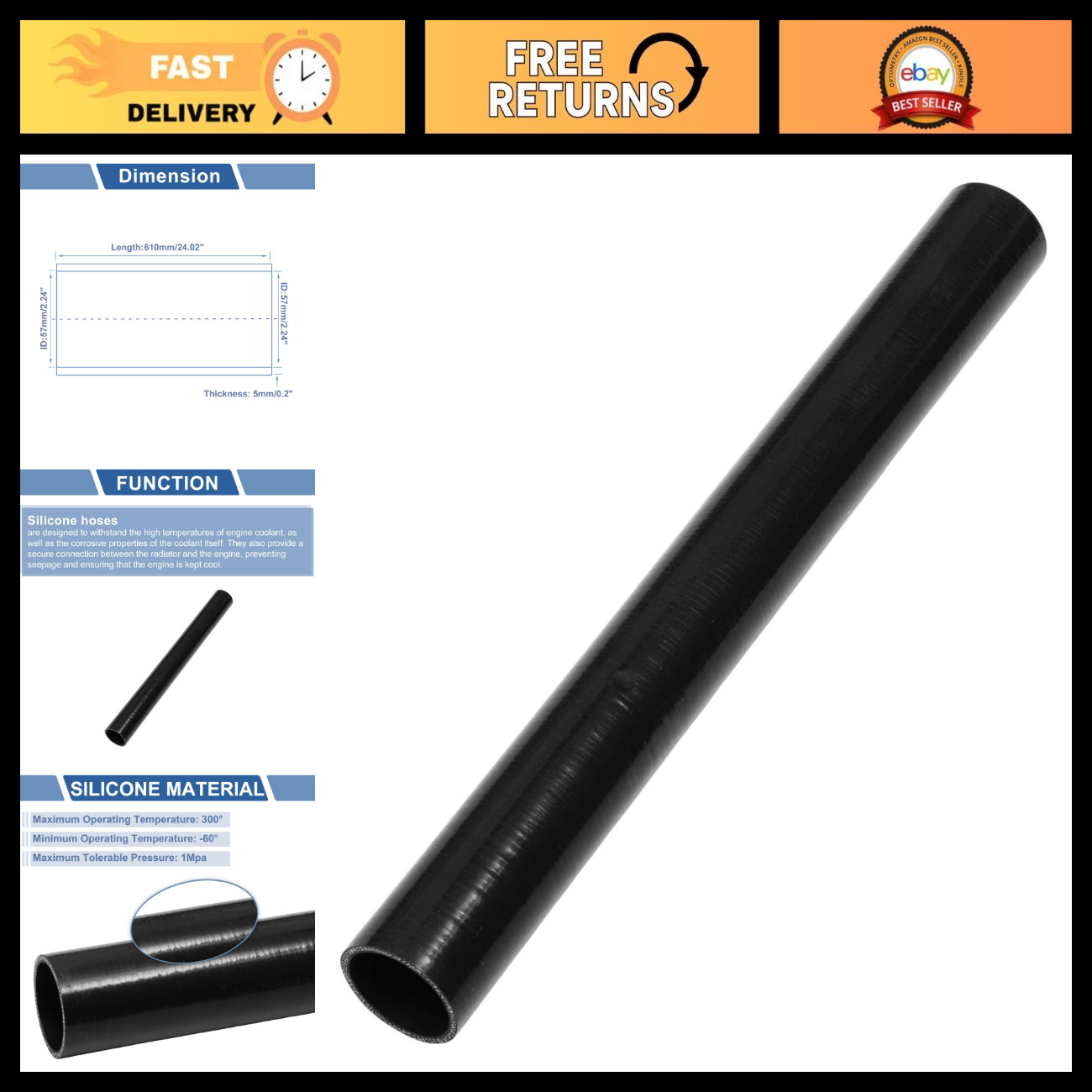 57mm Turbo Straight Silicone Hose 3-Ply Black - Engine Performance Upgrade, 2.25