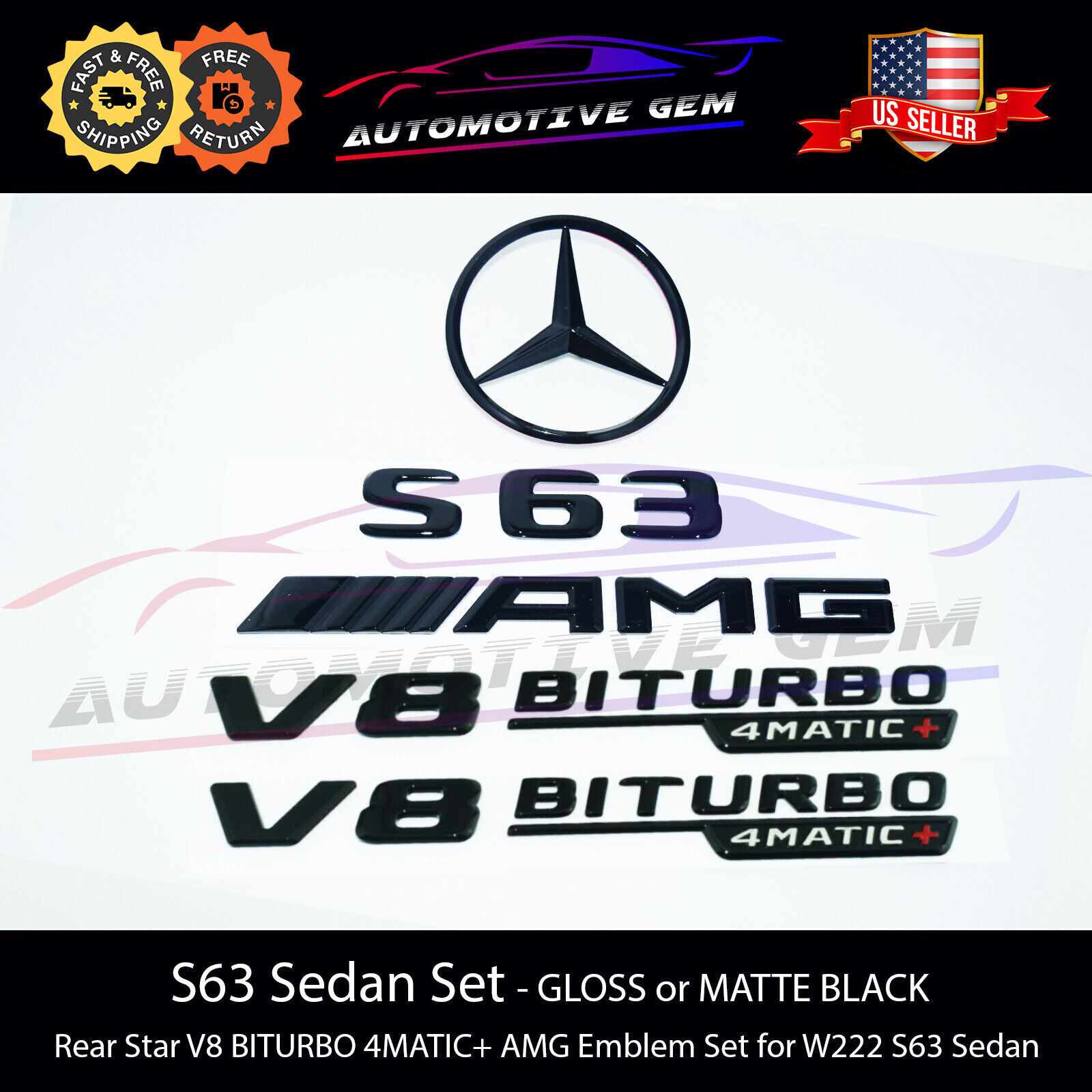S63 SEDAN AMG V8 BITURBO 4MATIC+ Rear Star Emblem Black Combo Set Mercedes W222