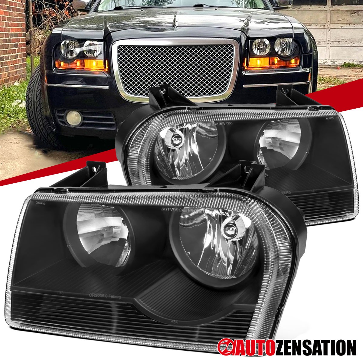 Fit 2005-2010 Chrysler 300 Black Halogen Headlights Headlamps Left+Right 05-10
