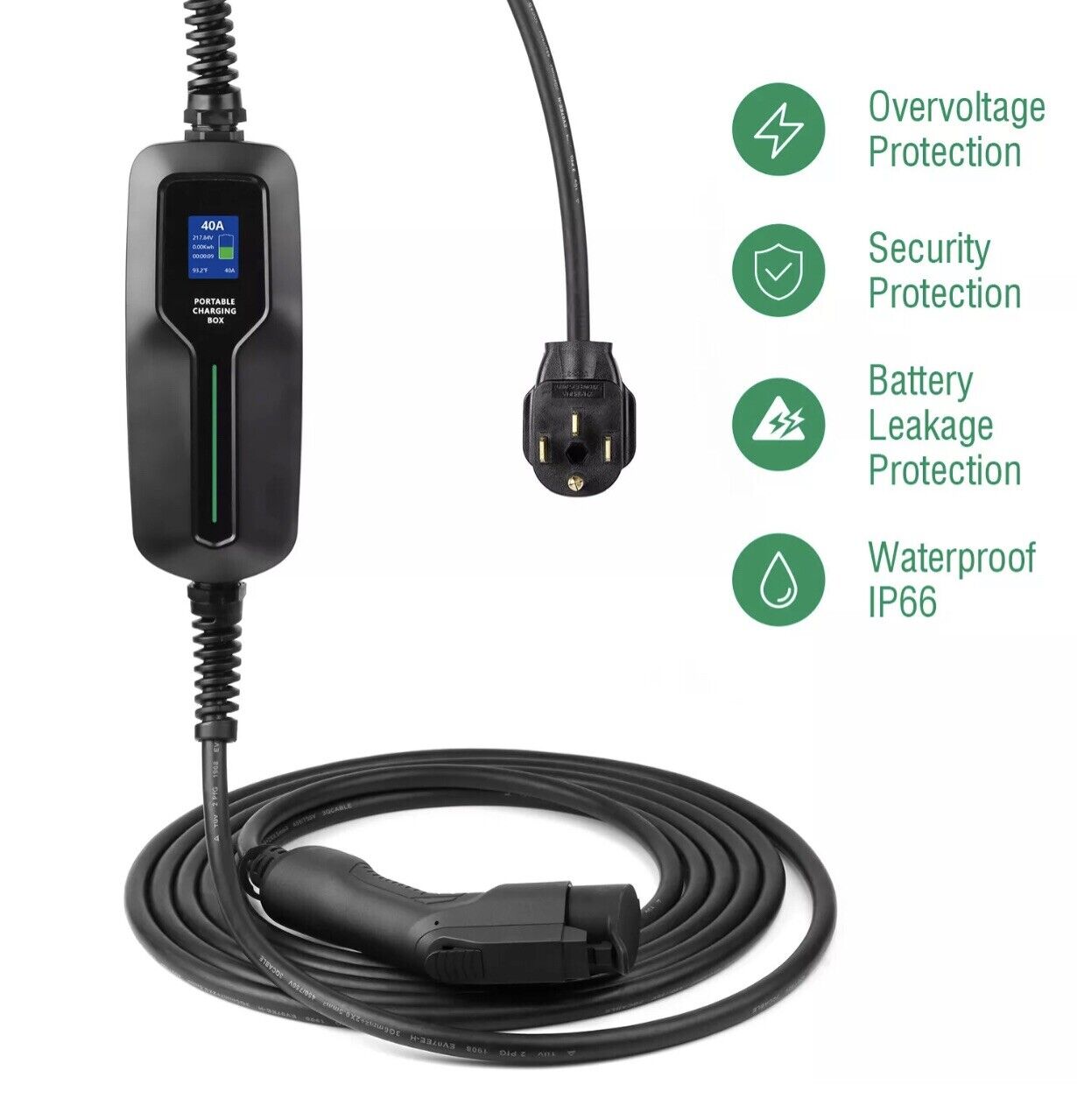 Portable 40Amp Electric Vehicle Charger EV Car Charging Cable Level 2 NEMA 14-50