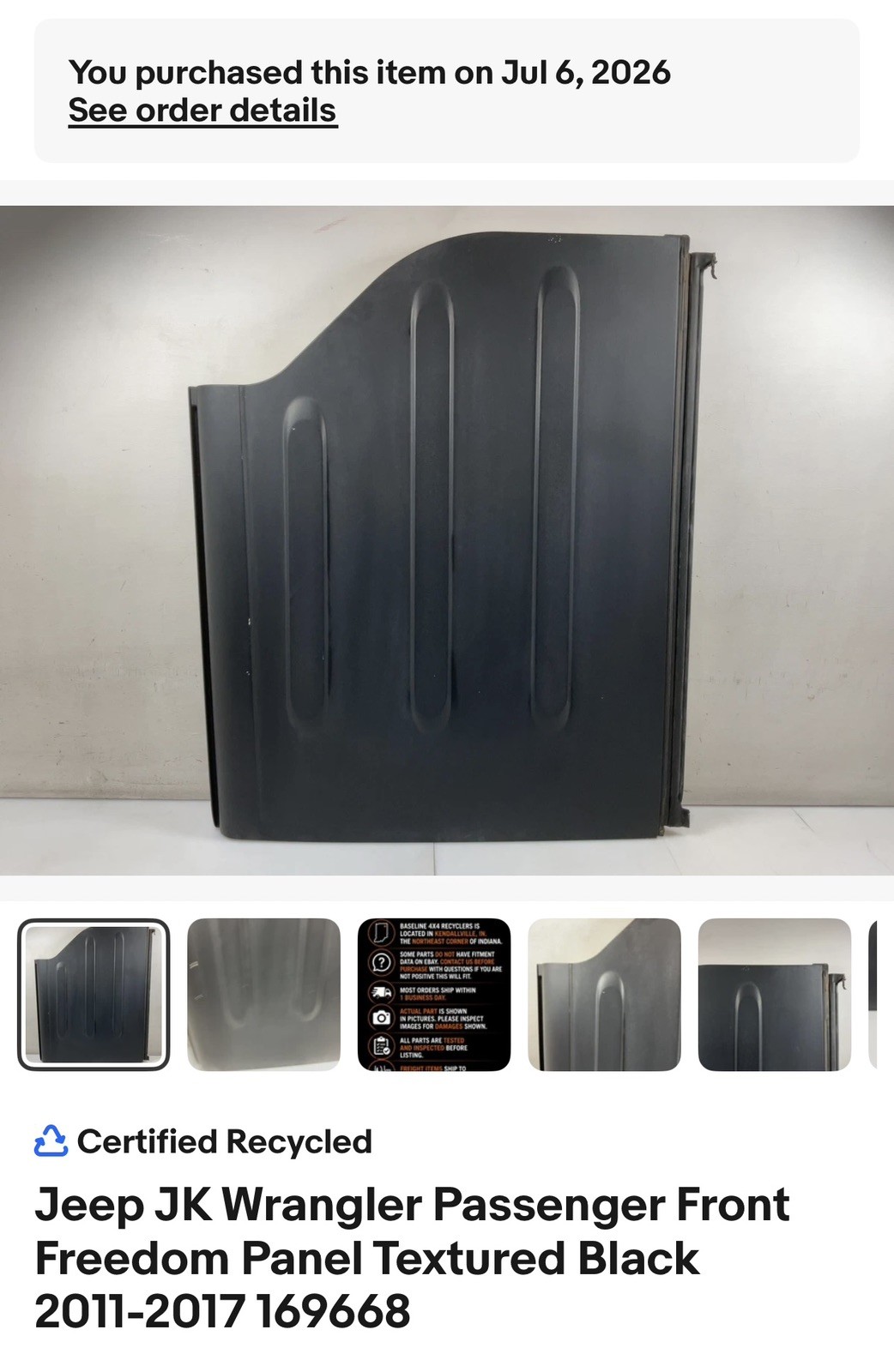 Jeep JK Wrangler Passenger Front Freedom Panel Textured Black 2011-2017 169668