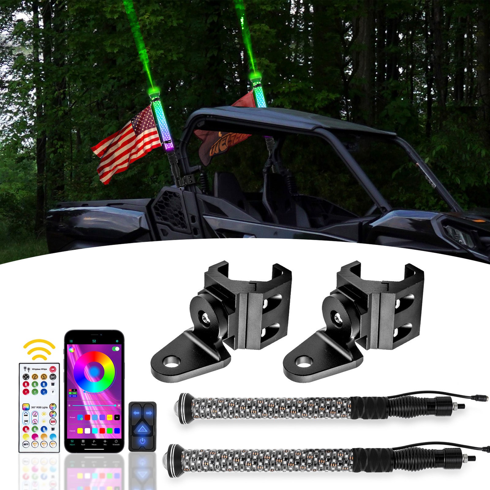 Pair Laser 2FT Fat Whip Lights LED Spiral Chasing For Can Am Defender 2016-2026