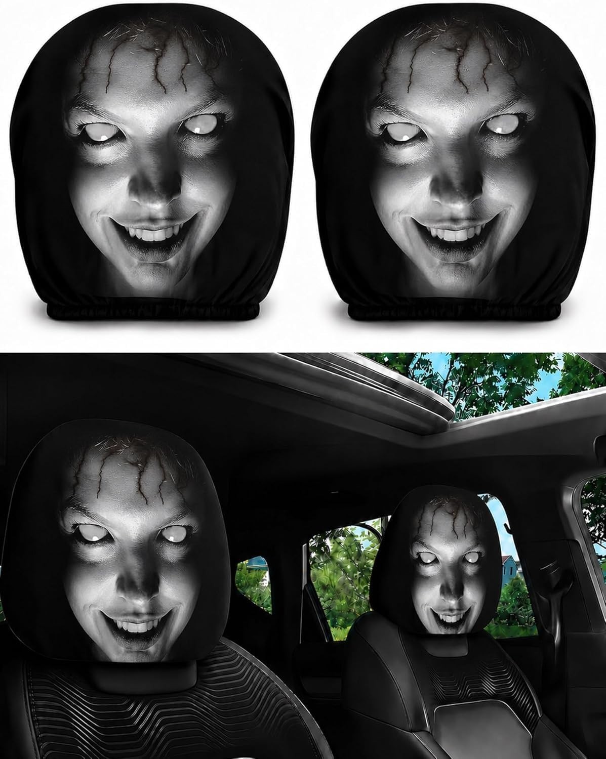 2PCS Ghost Face Car Headrest Covers Scary Print Universal Elastic Seat Protector