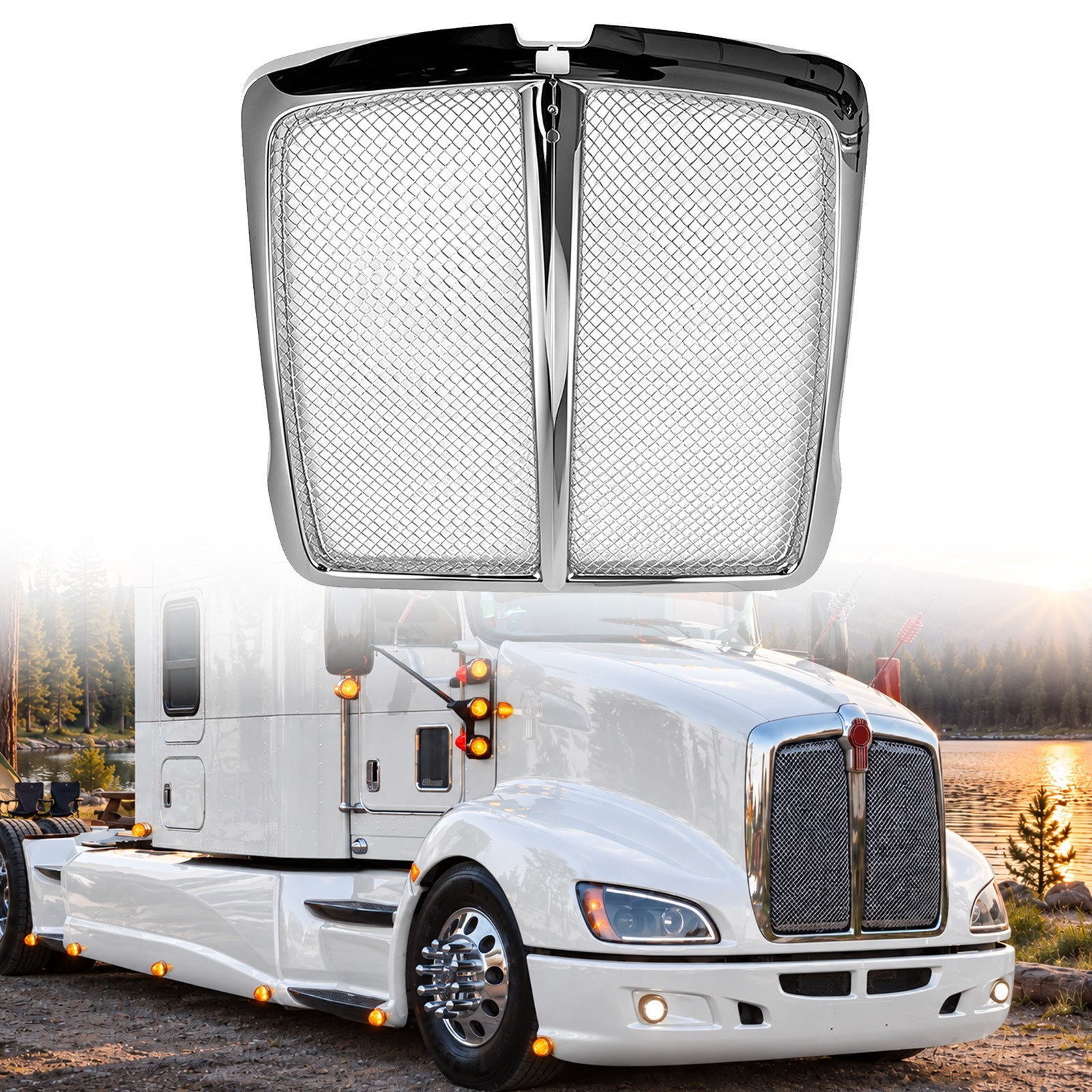 Chrome Front Grill With Bug Screen Compatible with 2008-2019 Kenworth T660