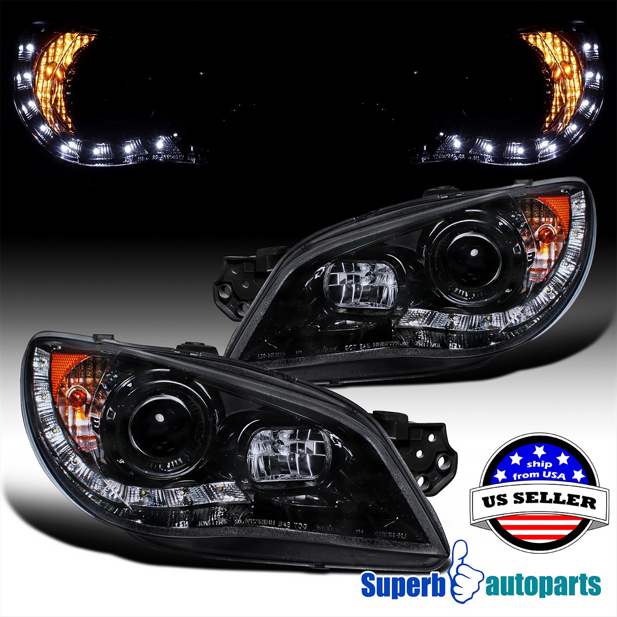 Fits 2006-2007 Subaru Impreza WRX Glossy Black Smoke Headlights LED Bar 06-07