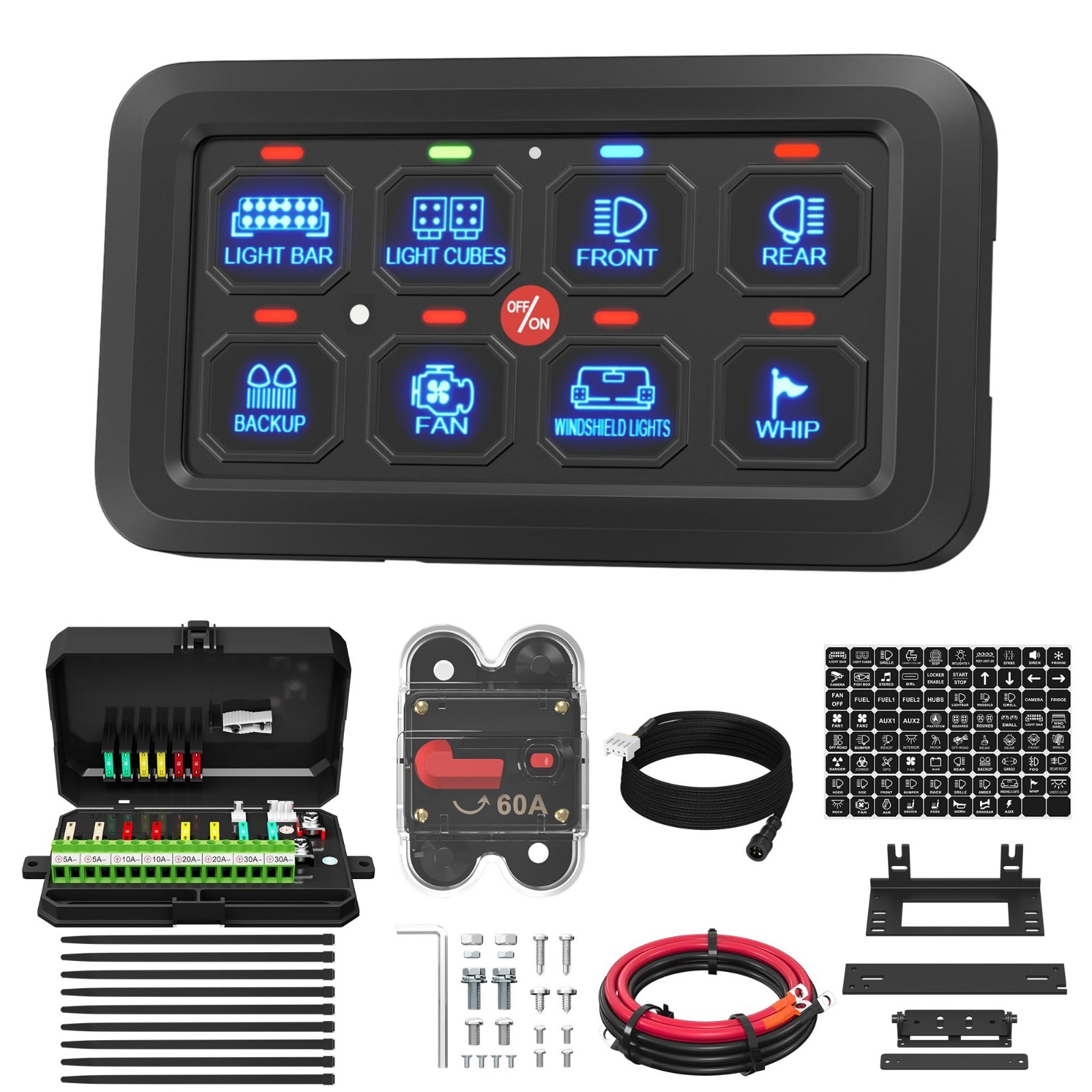 8 Gang RGB LED Switch Panel - Multi-Function Toggle & Touch Control for Car, ATV