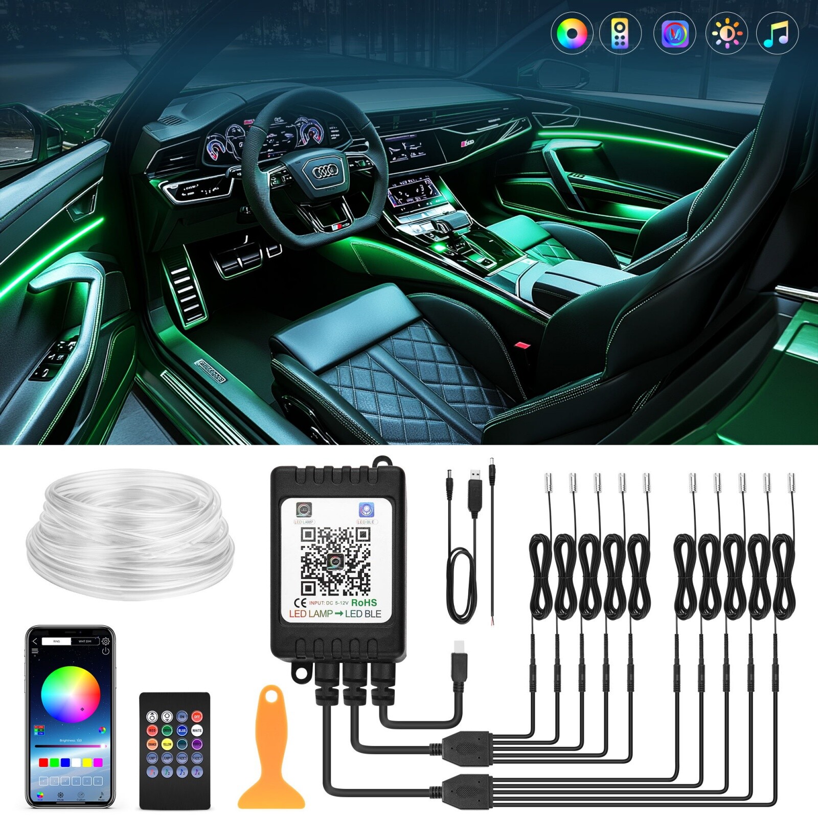 10-in-1 RGB Car Interior Strip Light Atmosphere Ambient Lighting Kit APP Control
