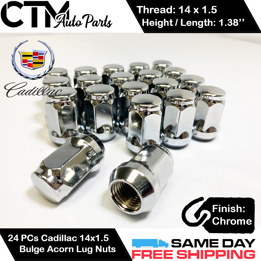 24PC CADILLAC CHROME 14X1.5 WHEEL LUG NUTS CONICAL SEAT BULGE ACORN FOR CADILLAC