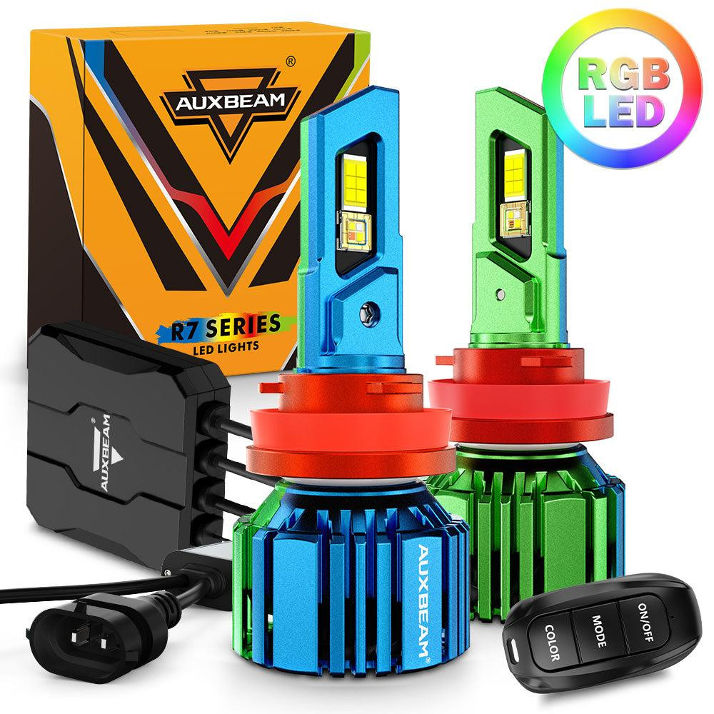 AUXBEAM H11 H9 RGB LED Headlight High/Low Beam Bulbs 6500K White+RGB Remote 2PCS