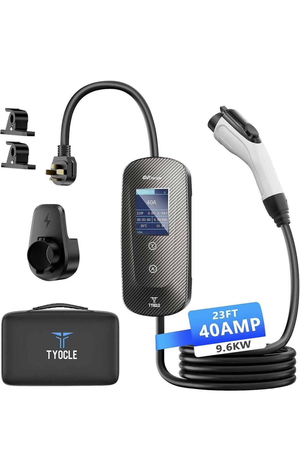 Tyocle Portable Level 2 EV Charger (40Amp, 240V, NEMA 14-50P) with 23 Ft Cable.
