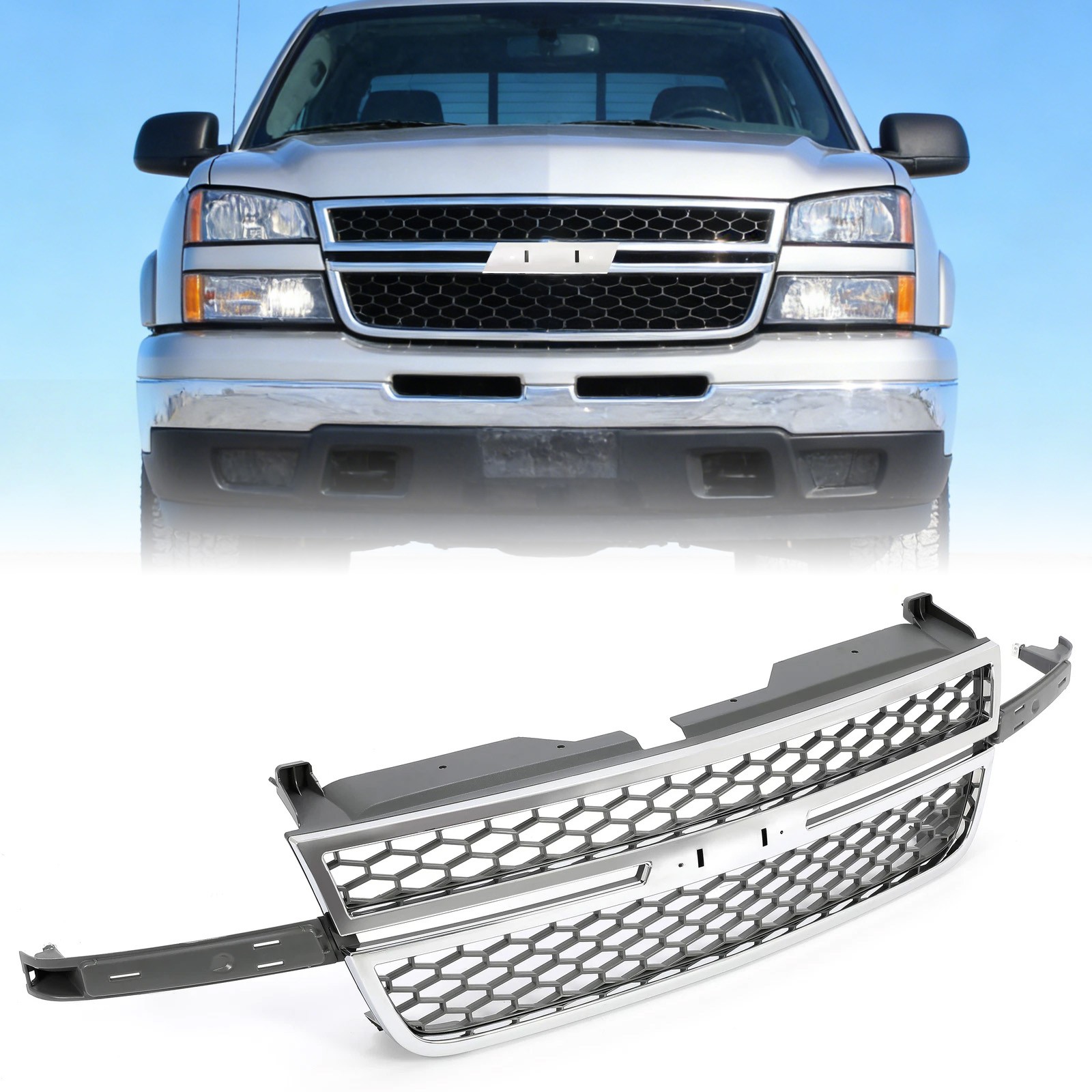 For 2003-2007 Silverado 1500 2500 3500 HD Chrome Grille Honeycomb Style Grill
