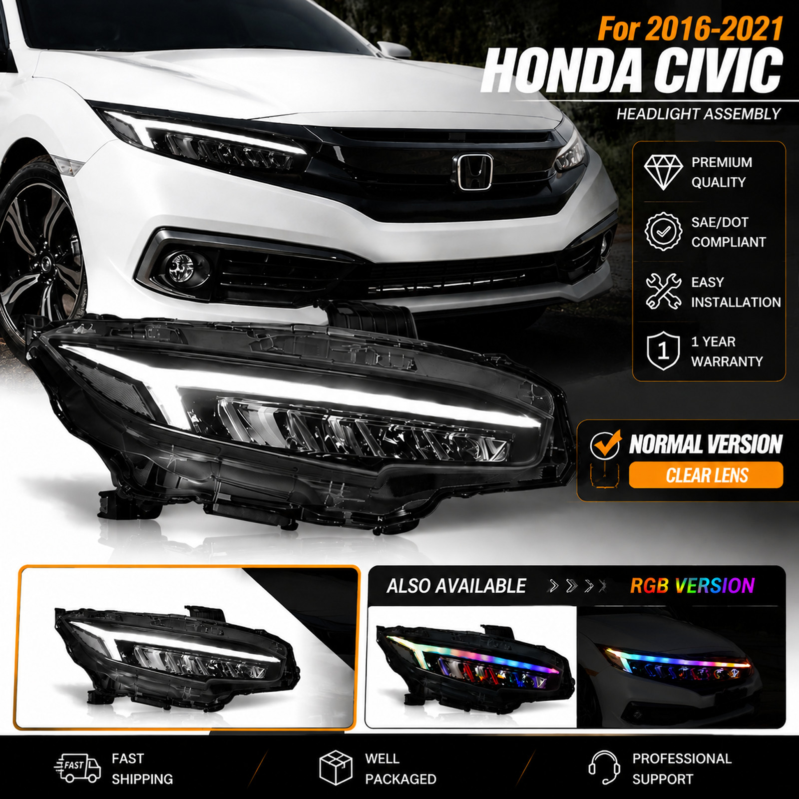 Pair Sequential LED Headlights For 2016-21 Honda Civic Sedan/Coupe/Hatchback