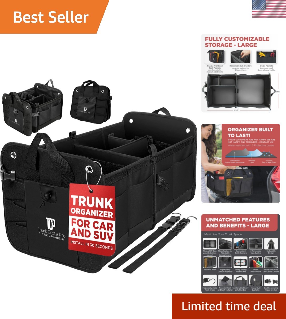 Large Car Trunk Organizer for SUV & Truck Cargo, Water-Resistant Black