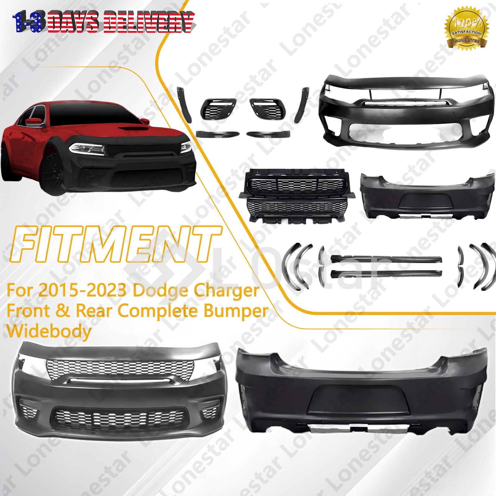 Complete Front & Rear Bumper Widebody Set Black Fits 2015-2023 Dodge Charger