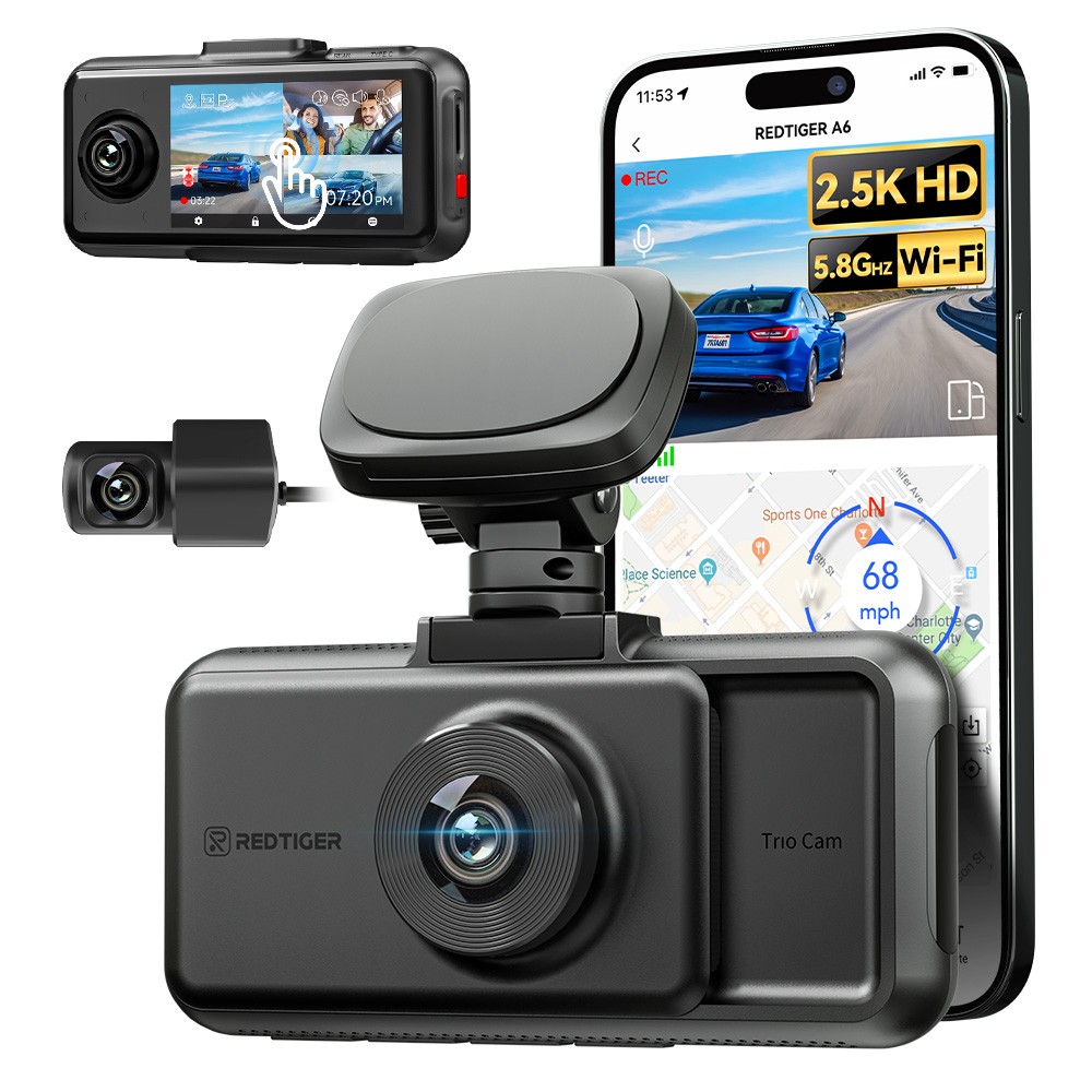 REDTIGER A6 Dash Cam 4K/2.5K 1080P Front Inside Rear 3-Channel WIFI Touch Screen