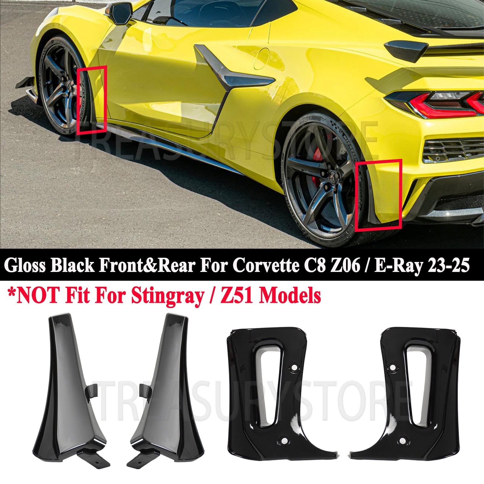 For Corvette C8 Z06 23-25 Gloss Black Front&Rear Extended Splash Guard Mud Flaps