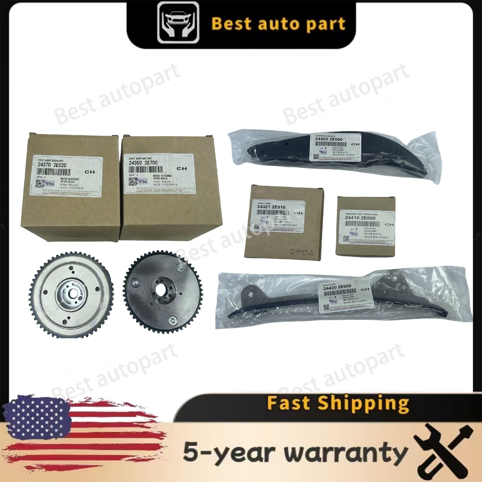 6PCS Timing Chain Kit w/ VVT Camshaft Gear for Hyundai Elantra Kona 2.0L 2017-21