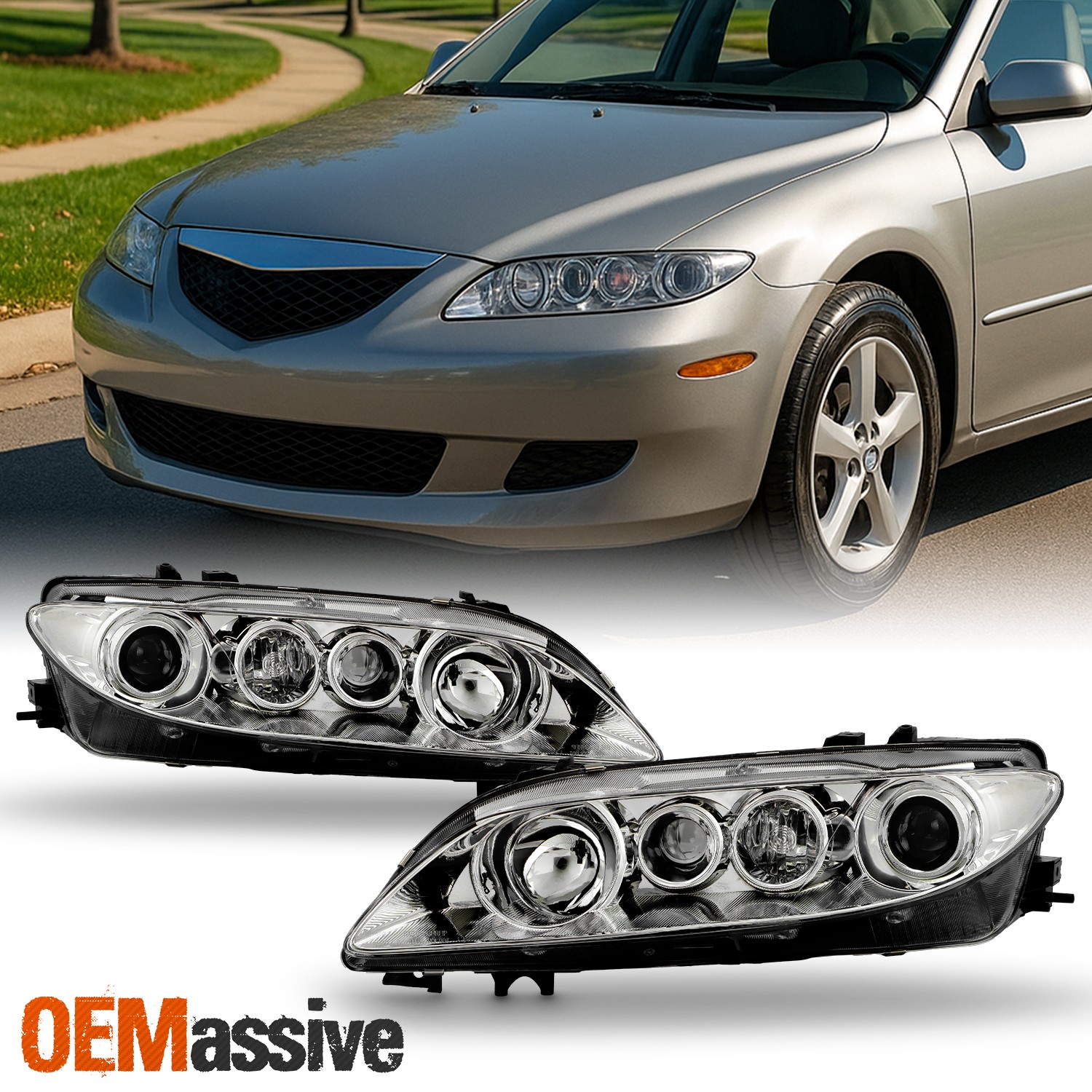 For 2003-2005 Mazda 6 w/o Fog Lamp Projector Headlights Headlamp Chrome Assembly