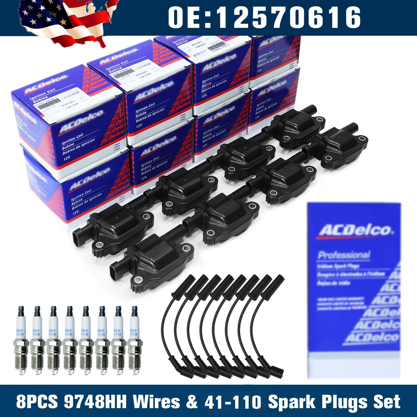 8PCS OEM UF413 Ignition Coil +8PCS 41-110 Spark Plug. + 8PCS 9748UU Wire Fit GMc