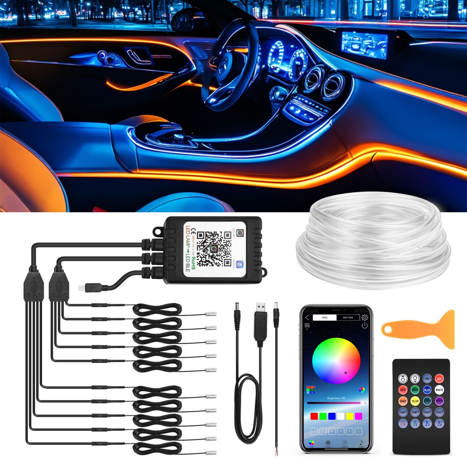 10-in 1 LED Car Interior Strip Light Atmosphere Neon Glow APP Ambient Light Kit