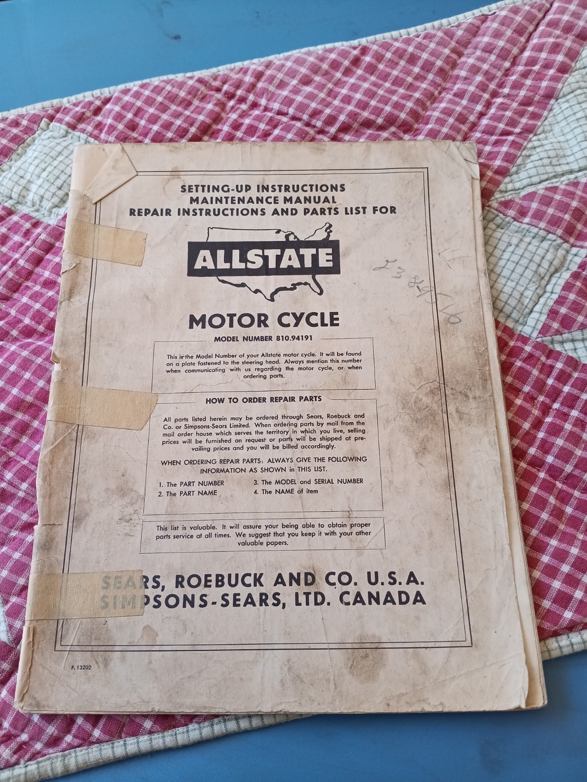 ORIGINAL ALLSTATE MOTORCYCLE INSTRUCTIONS MANUAL RPAIR AND PARTS LIST SEARS